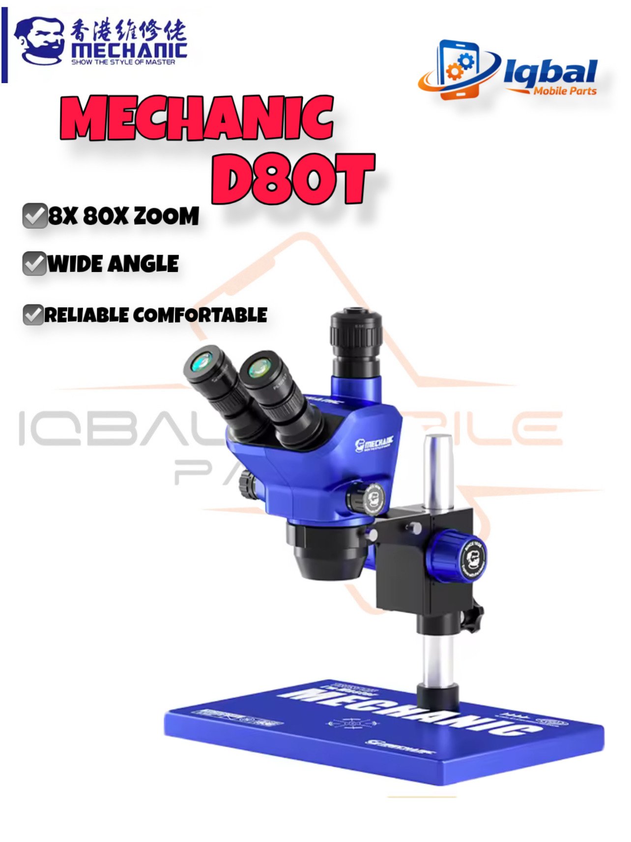 86D01220-B9C0-4087-8EC0-D8CE34F971C2 MECHANIC D80T-B5 Industrial Trinocular Stereo Microscope 8-80X Zoom PL10x27 Eyepiece 0.5X CTV Adapter Complete Repair Tools Kit - Image 1