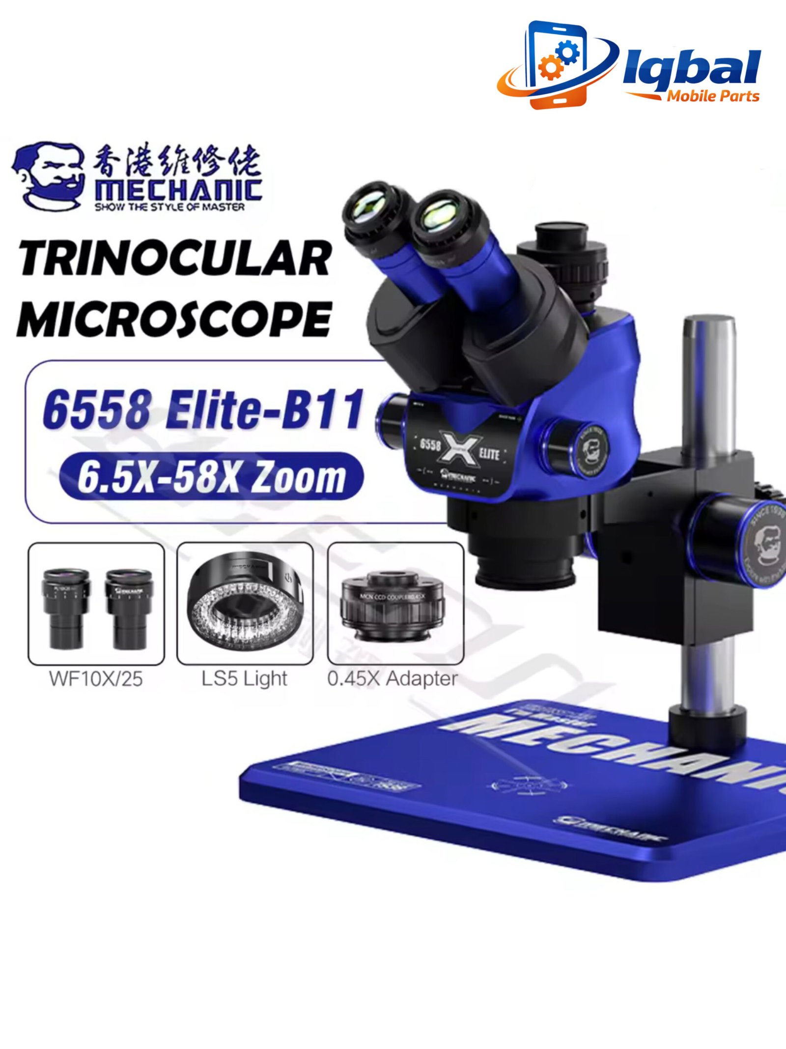 9D16D94E-36C6-4125-B030-428789E0A673 MECHANIC 6558 Elite Trinocular Stereo Microscope, 6.5X-58X Zoom, 100mm Large Working Distance, for PCB Repair & Micro Soldering - Image 1