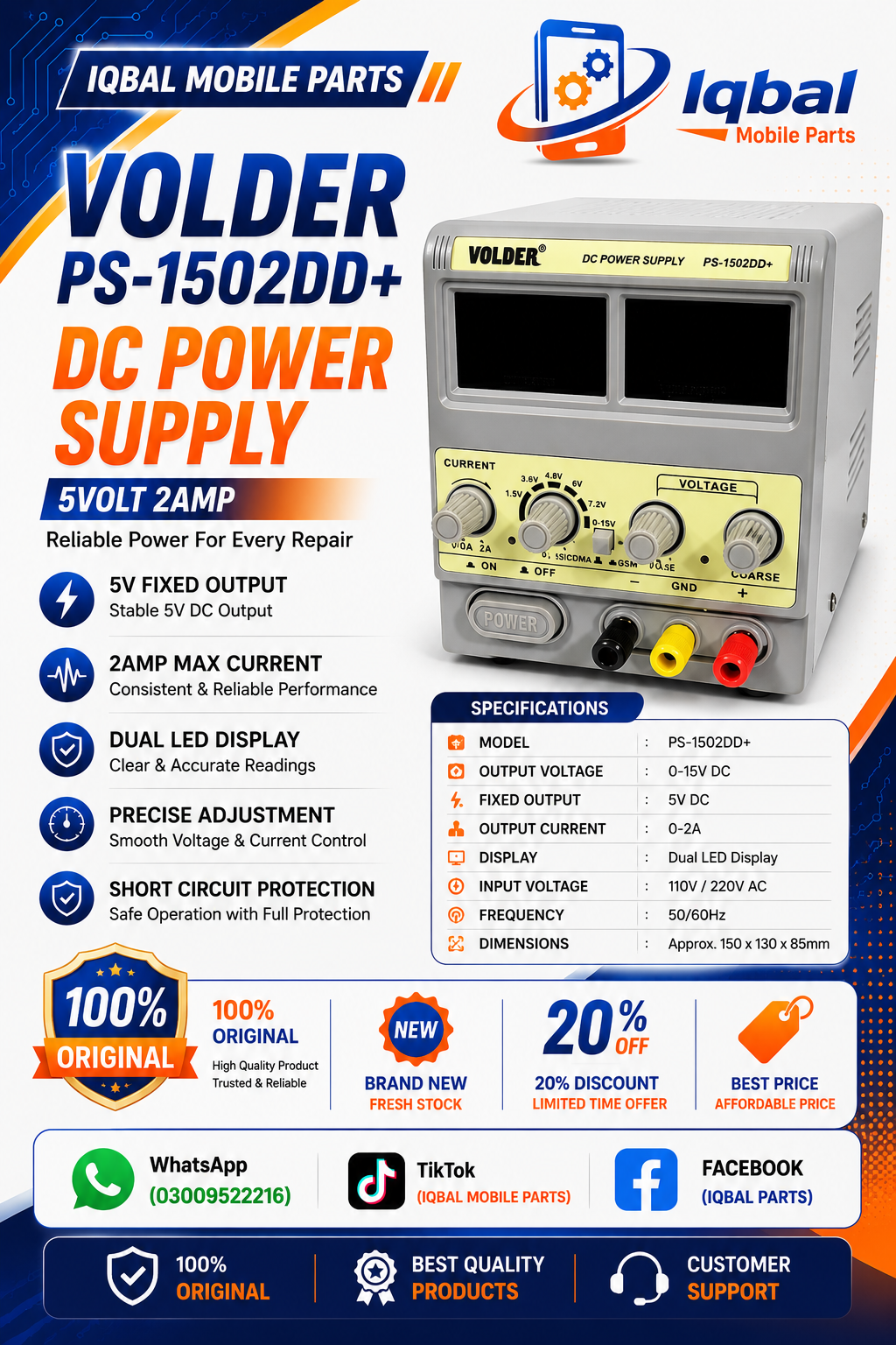 7A9AF042-7DA6-49A3-82A5-BBA7FF8E2763 VOLDER 1502DD+ 15VOLT 2AMP 2 DIGITAL METER POWER SUPPLY - Image 1